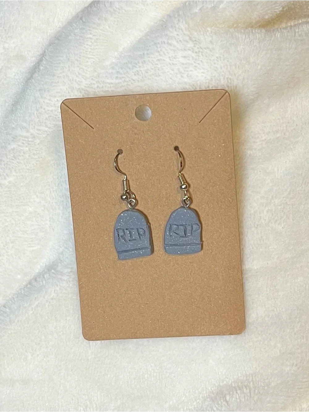 Handcrafted RIP Tombstone Halloween Dangle Earrings - Blue / Gray